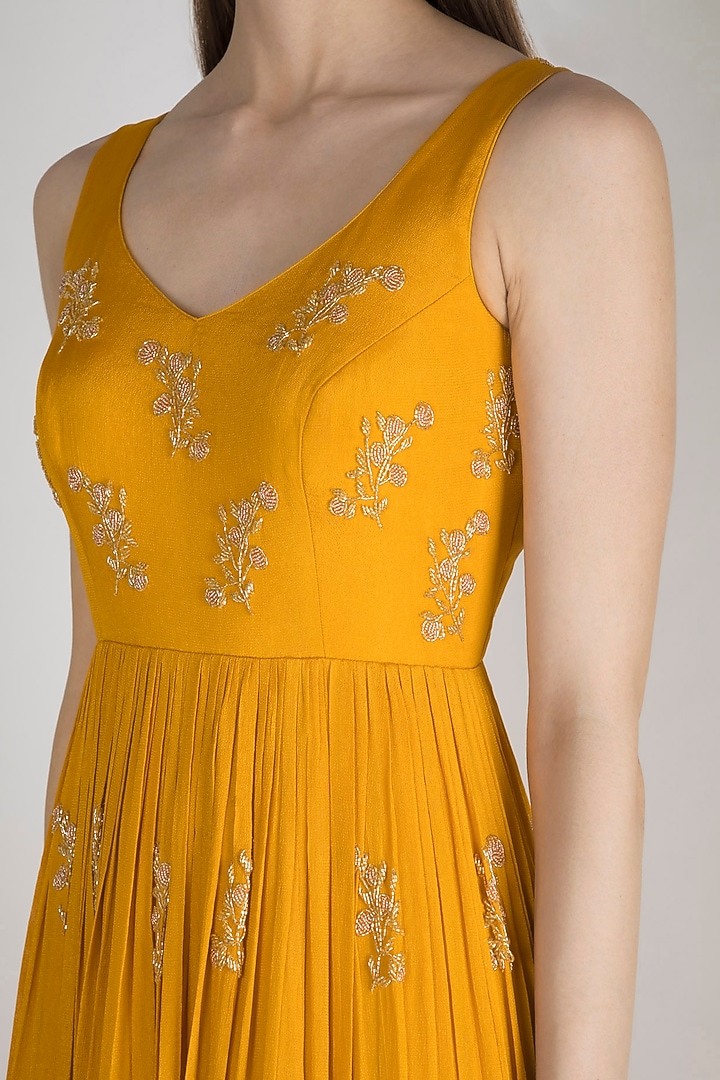 Mustard Yellow Embroidered Wedding Anarkali With Net Dupatta by Ease at Pernia's Pop Up Shop