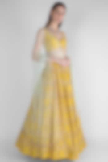 Lime Yellow Embroidered Lehenga Set by Ease