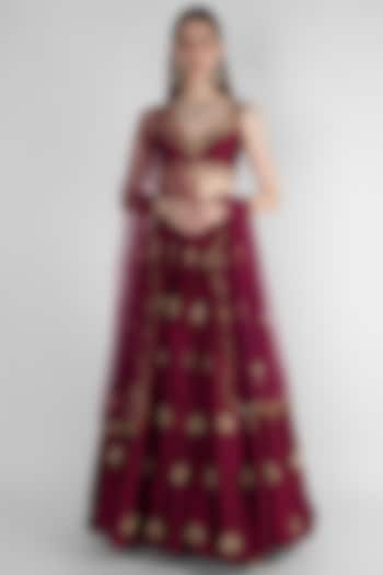 Wine Embroidered Wedding Lehenga Set by Ease at Pernia's Pop Up Shop