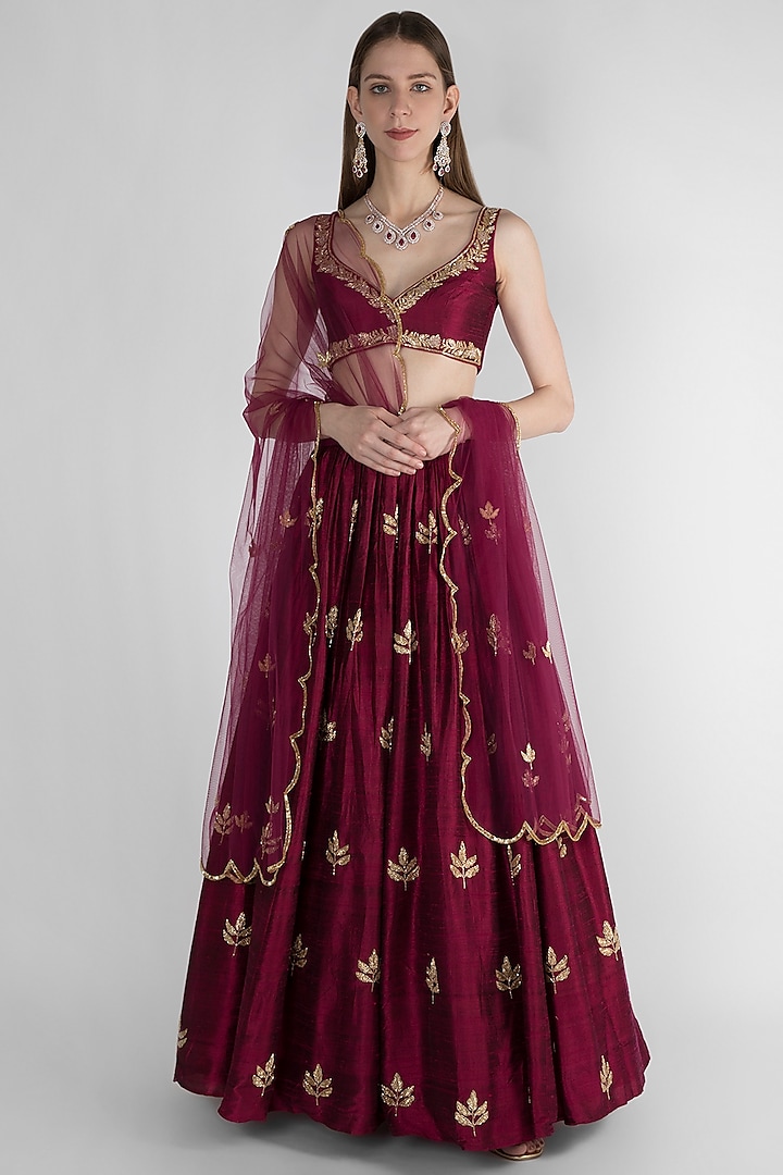 Wine Embroidered Wedding Lehenga Set by Ease at Pernia's Pop Up Shop