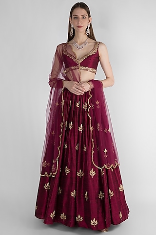 Wine Embroidered Lehenga Set by Ease