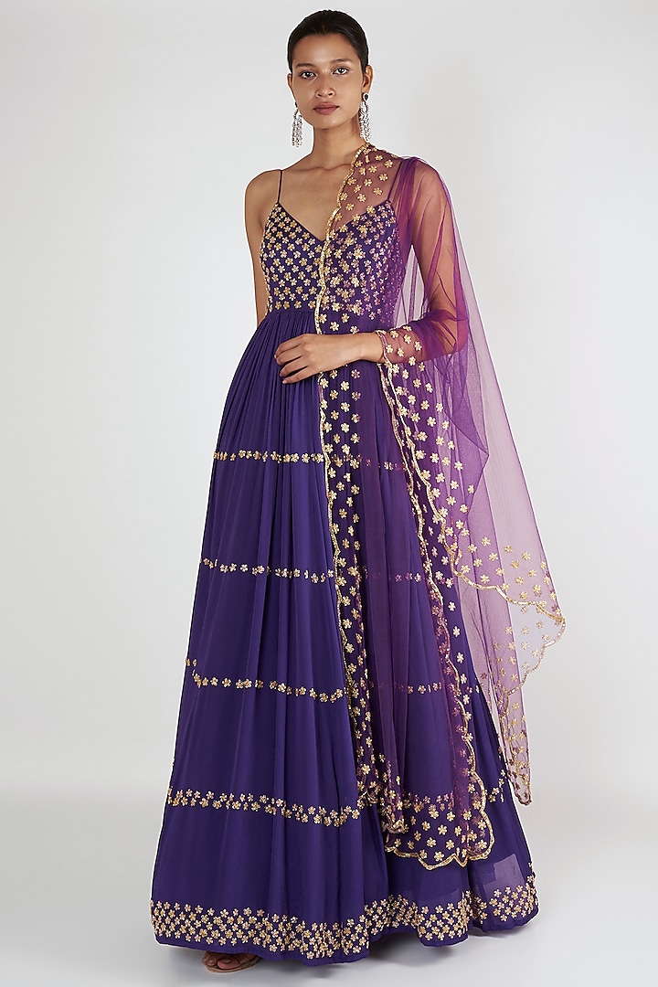 Purple Embroidered Anarkali With Dupatta by Ease