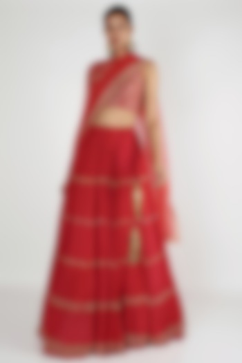 Red Embroidered Lehenga Set by Ease