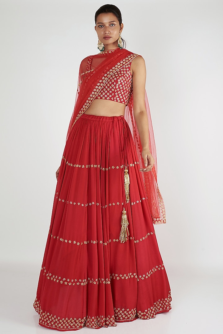 Red Embroidered Lehenga Set by Ease