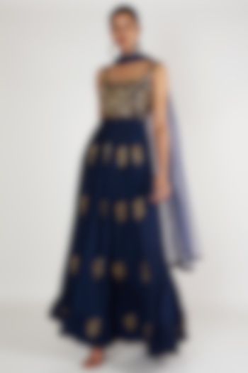 Navy Blue Embroidered Anarkali With Dupatta by Ease