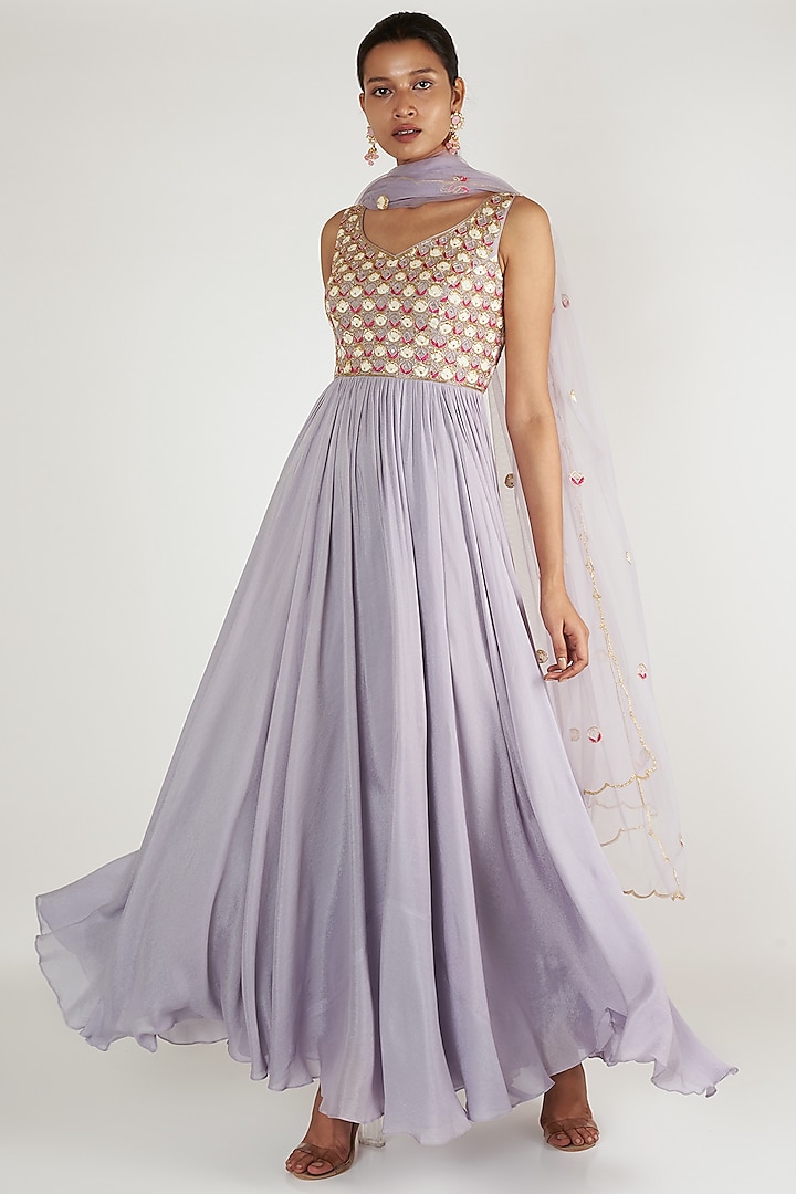 Lavender Embroidered Anarkali With Dupatta by Ease