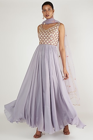 Lavender Embroidered Anarkali With Dupatta by Ease