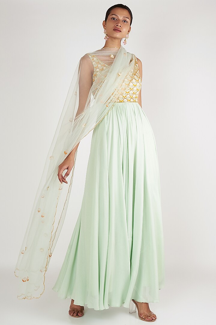 Light Mint Blue Embroidered Anarkali With Dupatta by Ease