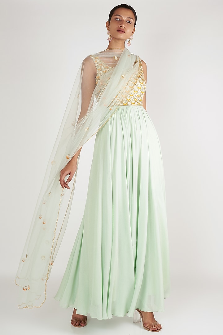 Light Mint Blue Embroidered Wedding Anarkali With Dupatta by Ease at Pernia's Pop Up Shop