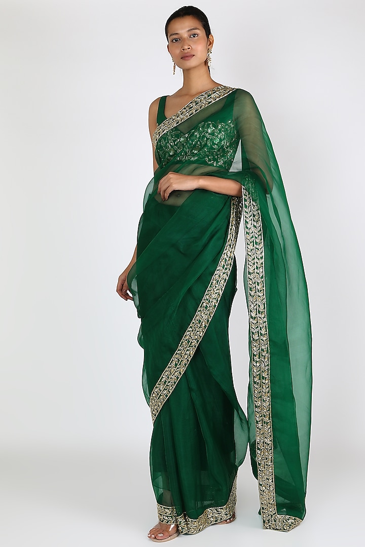 Green Embroidered Saree Set by Ease