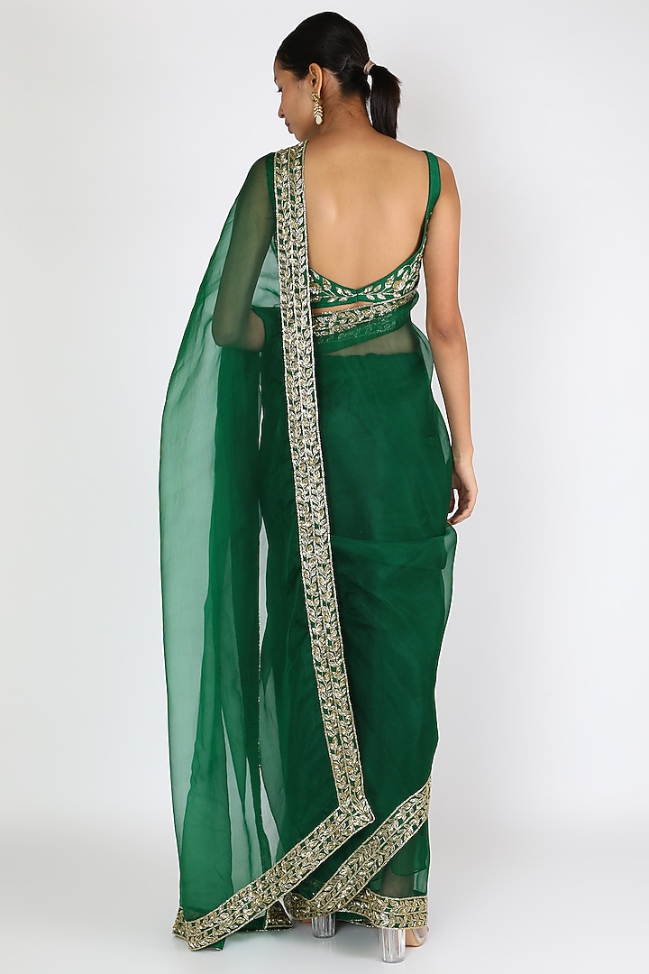 Green Embroidered Wedding Saree Set by Ease at Pernia's Pop Up Shop