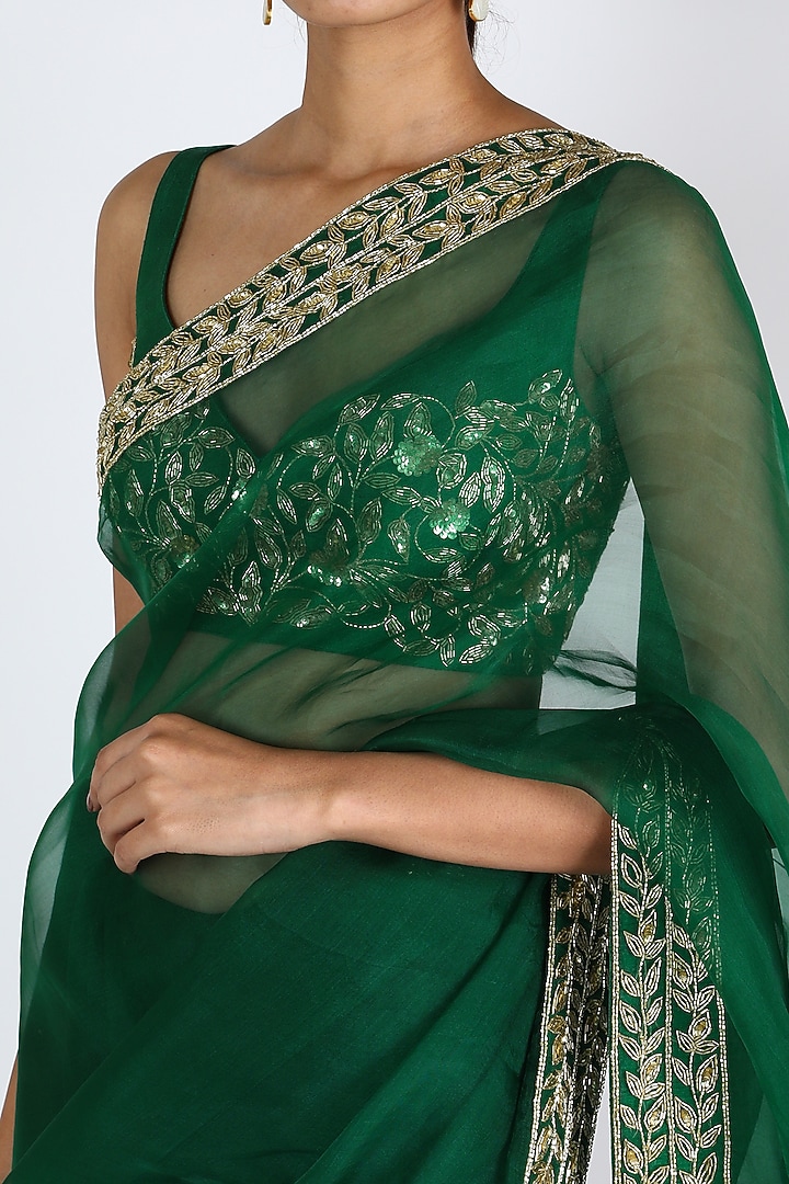 Green Embroidered Wedding Saree Set by Ease at Pernia's Pop Up Shop