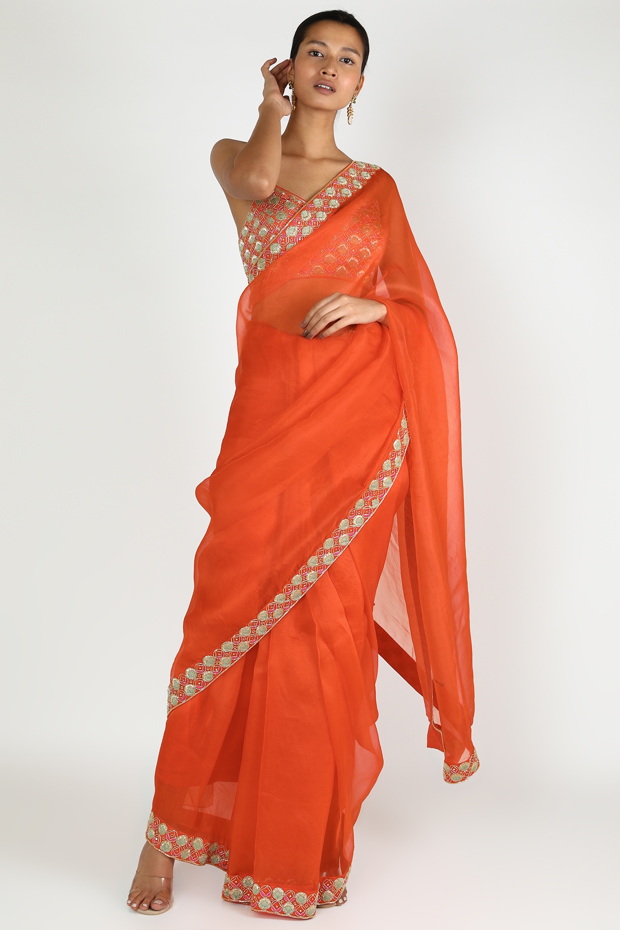 Orange-Red Bandhani Printed With Fancy Border Chiffon Saree