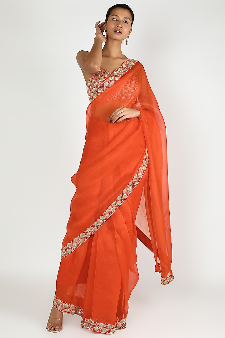 Orange Embroidered Saree Set by Ease