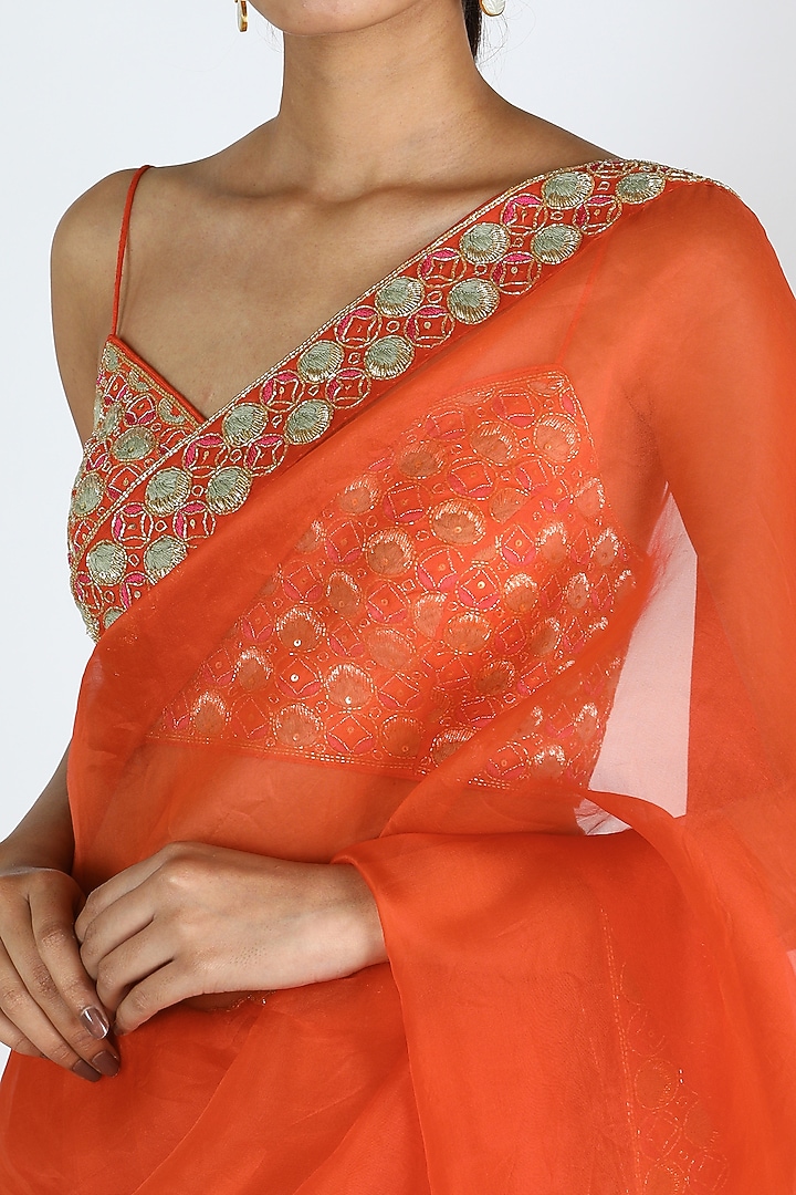 Orange Embroidered Wedding Saree Set by Ease at Pernia's Pop Up Shop