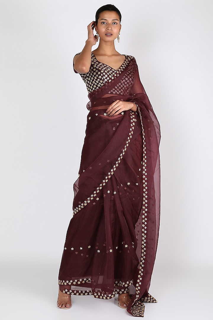 Wine Organza Aari Embroidered Saree Set by Ease