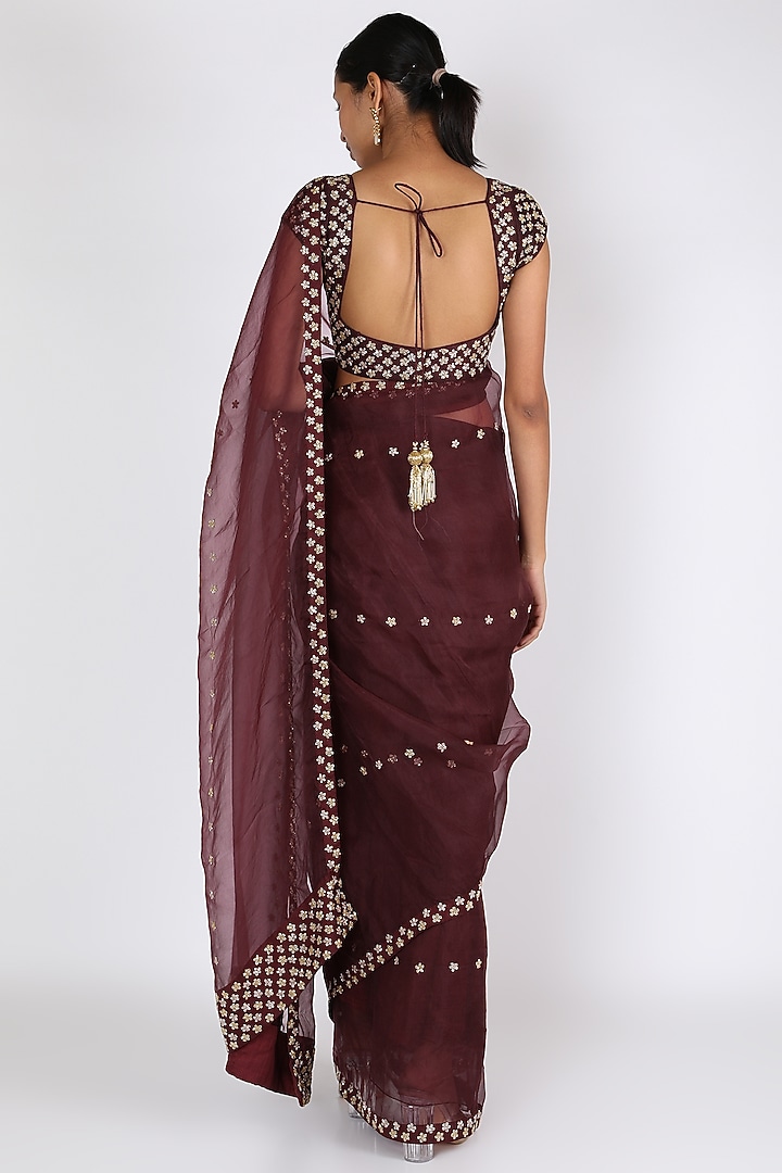 Wine Organza Aari Embroidered Wedding Saree Set by Ease at Pernia's Pop Up Shop