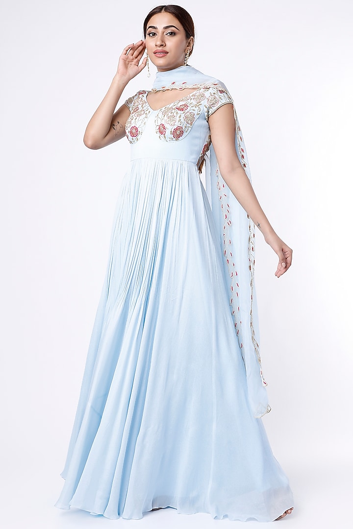 Powder Blue Embroidered Wedding Anarkali Set by Ease at Pernia's Pop Up Shop