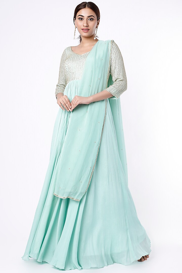 Powder Blue Aari Embroidered Anarkali Set by Ease at Pernia's Pop Up Shop