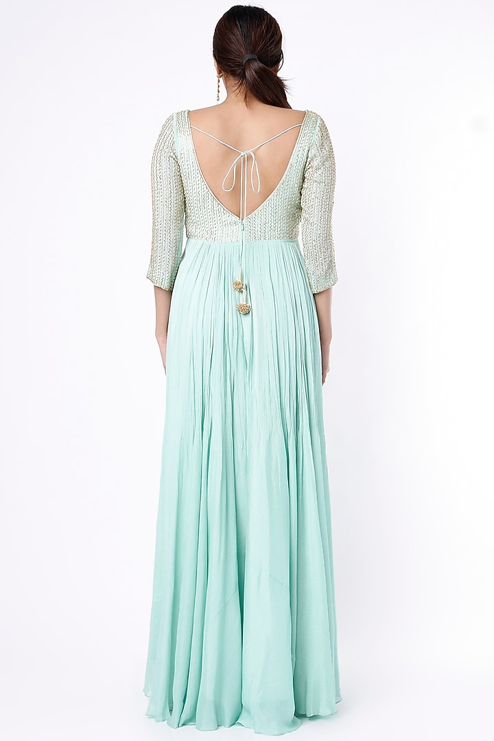 Powder Blue Aari Embroidered Wedding Anarkali Set by Ease at Pernia's Pop Up Shop