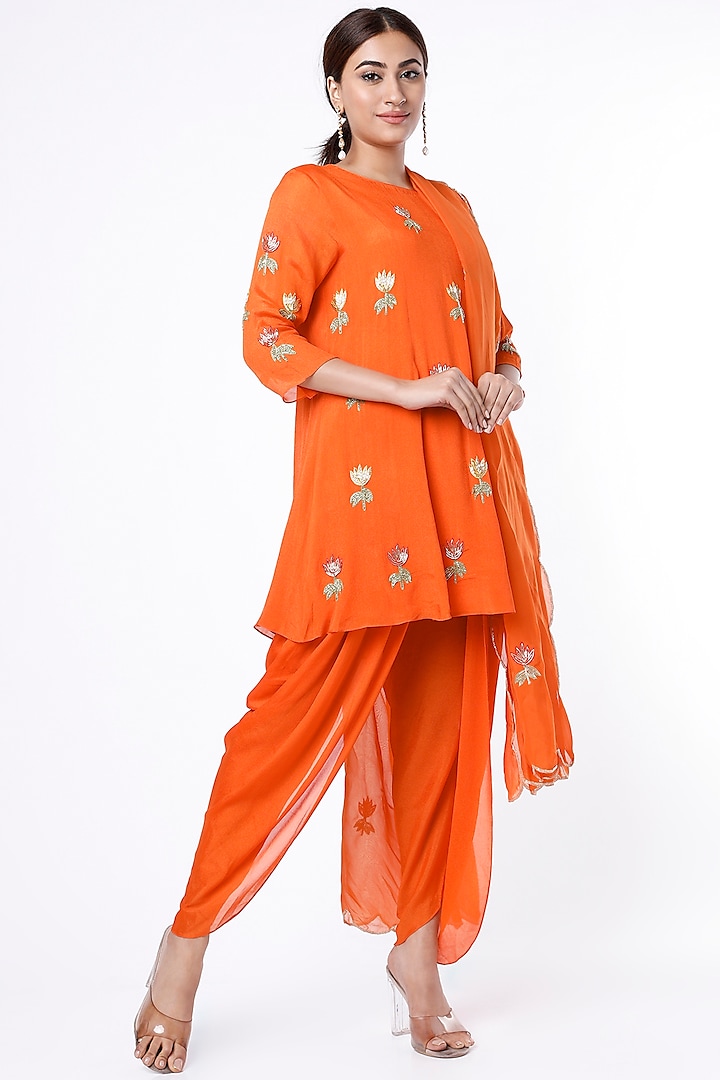 Orange Crepe & Viscose Organza Dhoti Set by Ease at Pernia's Pop Up Shop