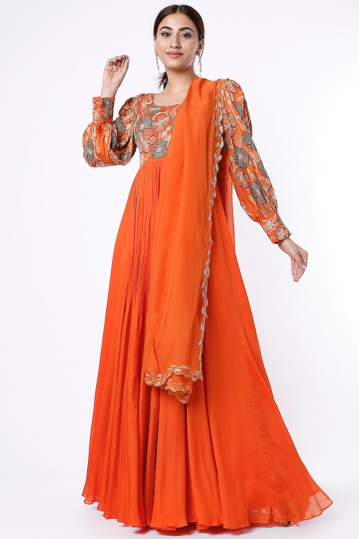 Orange Embroidered Anarkali Set by Ease