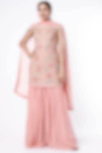 Blush Pink Crepe & Viscose Organza Wedding Sharara Set by Ease at Pernia's Pop Up Shop