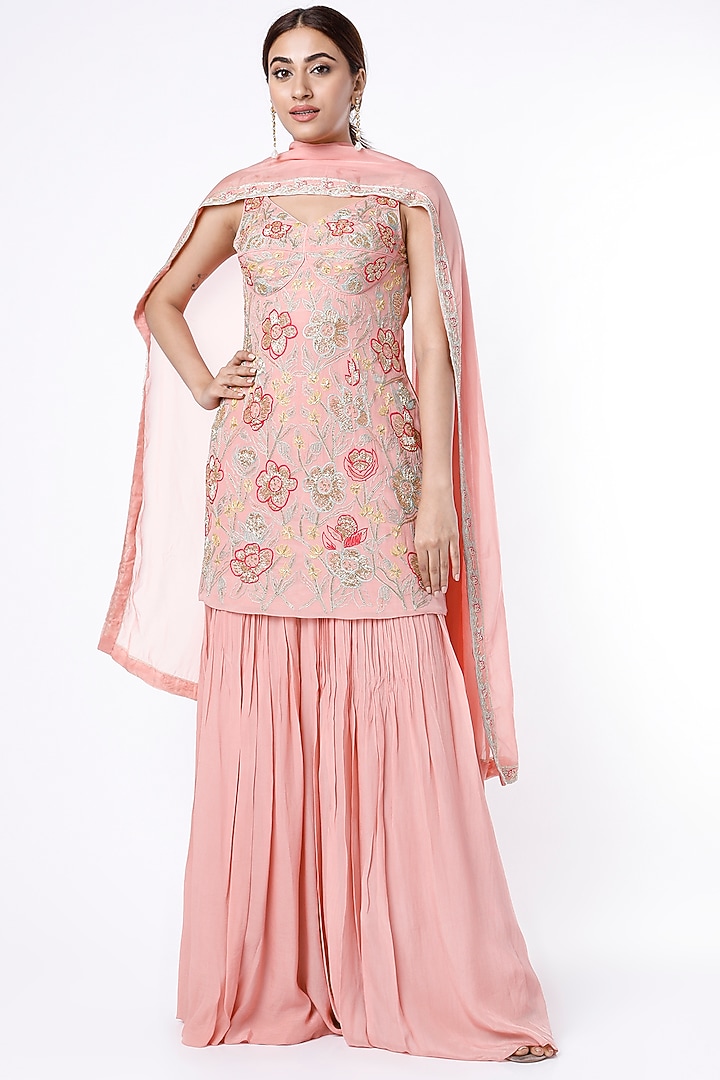 Blush Pink Crepe & Viscose Organza Wedding Sharara Set by Ease at Pernia's Pop Up Shop