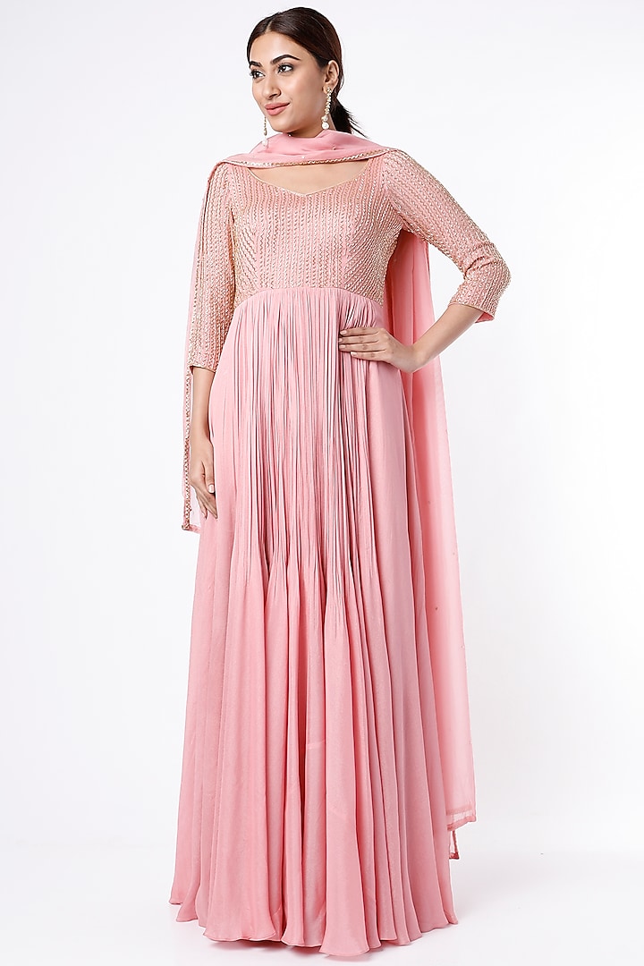 Baby Pink Embroidered Anarkali Set by Ease at Pernia's Pop Up Shop