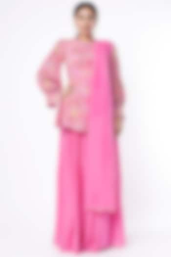 Bubblegum Pink Crepe & Viscose Organza Wedding Sharara Set by Ease at Pernia's Pop Up Shop