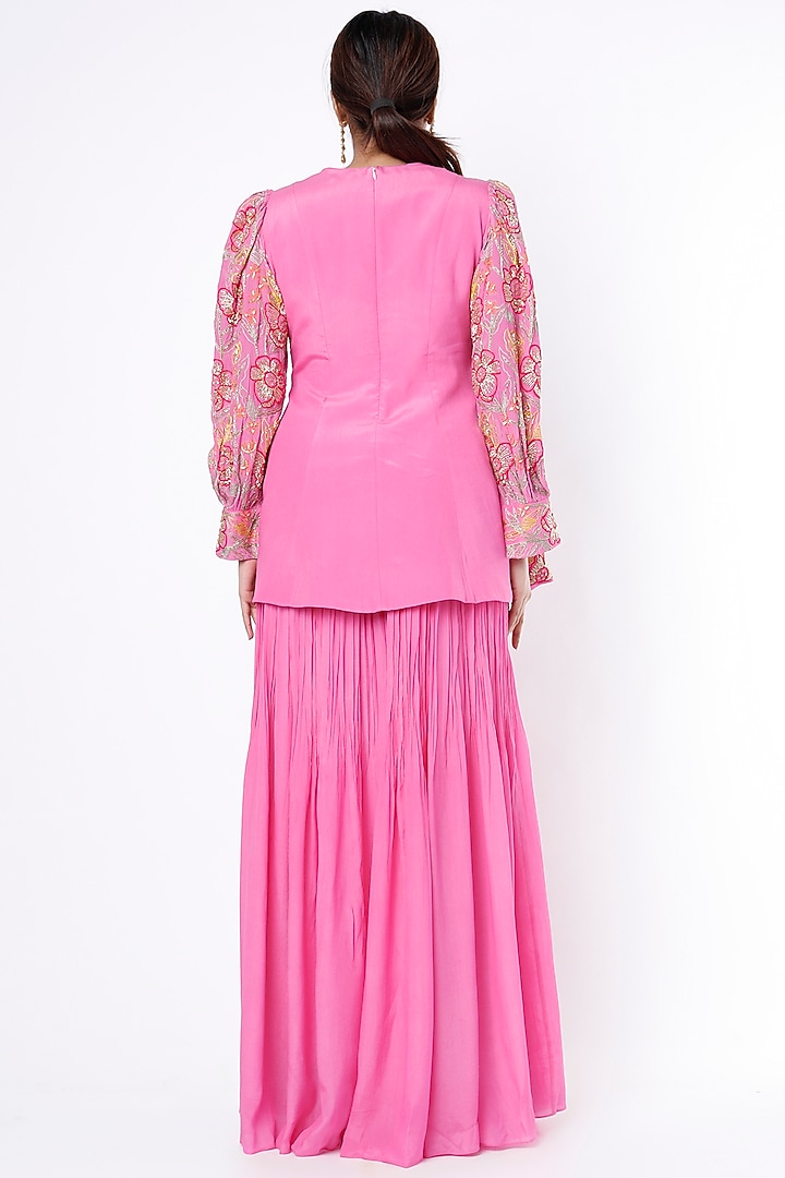Bubblegum Pink Crepe & Viscose Organza Wedding Sharara Set by Ease at Pernia's Pop Up Shop