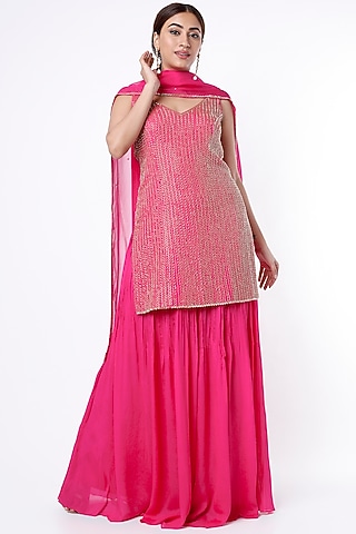 Rani Pink Crepe & Viscose Organza Sharara Set by Ease