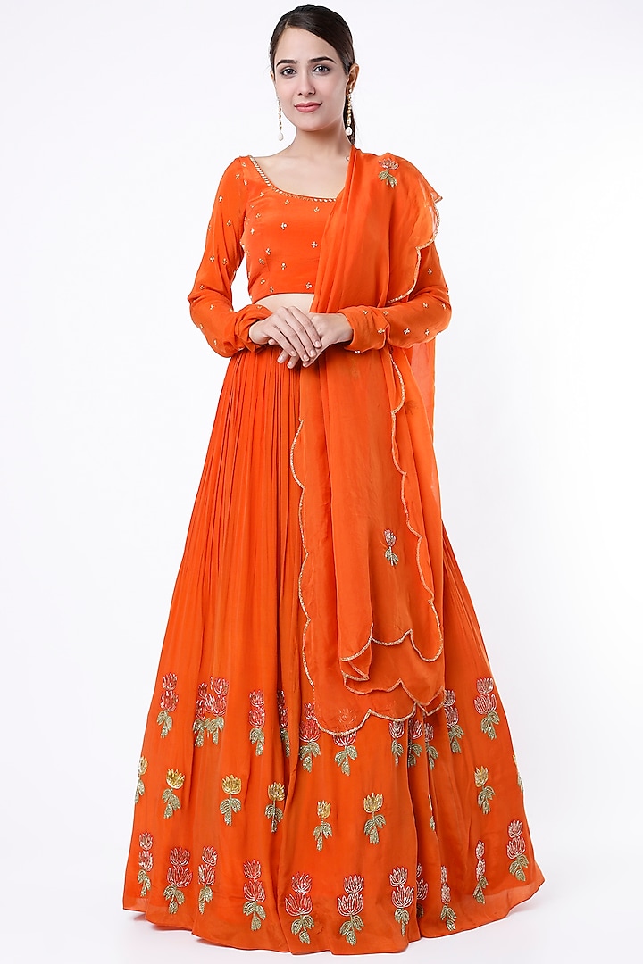 Orange Crepe Wedding Lehenga Set by Ease at Pernia's Pop Up Shop