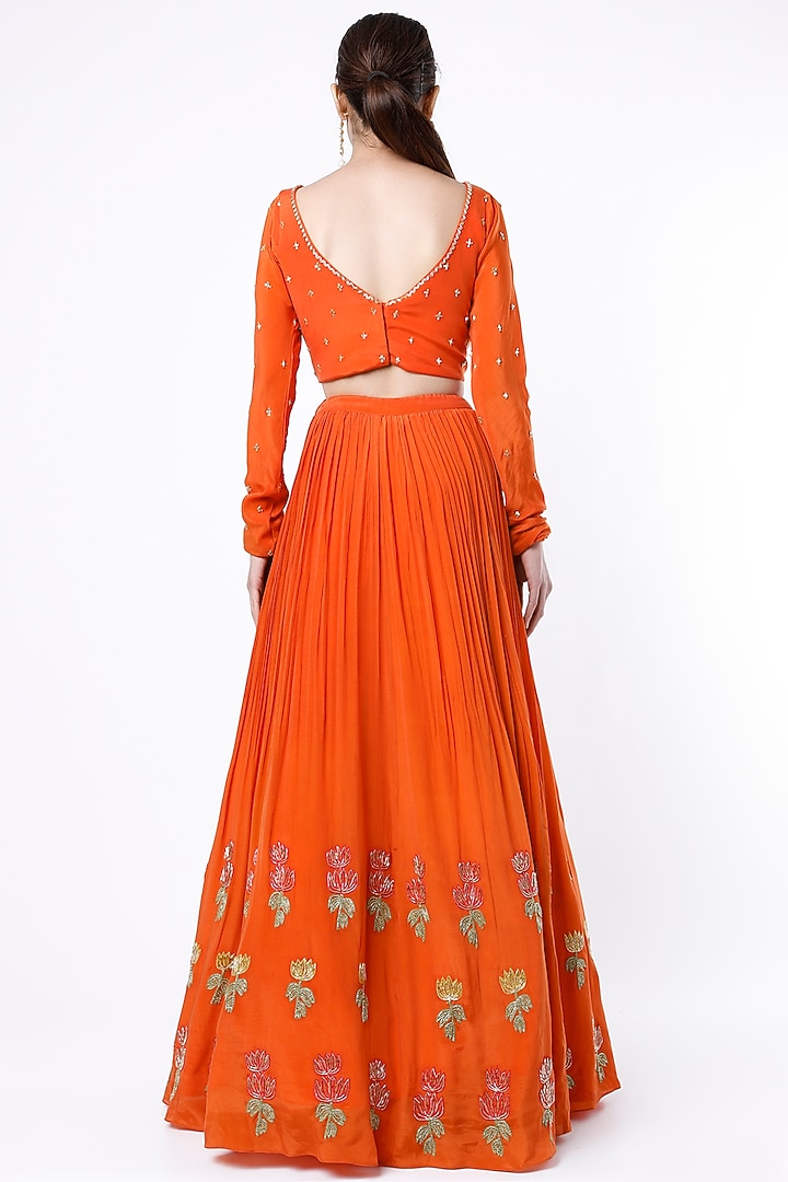 Orange Crepe Wedding Lehenga Set by Ease at Pernia's Pop Up Shop