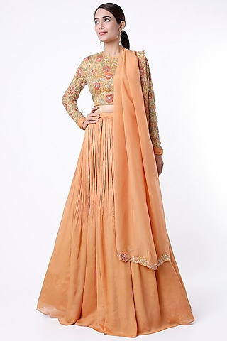 Peach Crepe Lehenga Set by Ease