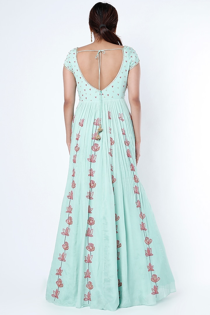 Mint Blue Embroidered Kalidar Wedding Anarkali Set by Ease at Pernia's Pop Up Shop