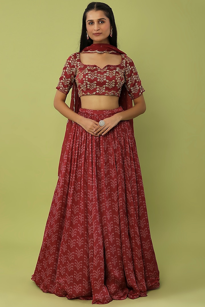 Maroon Embroidered Lehenga Set by Ease