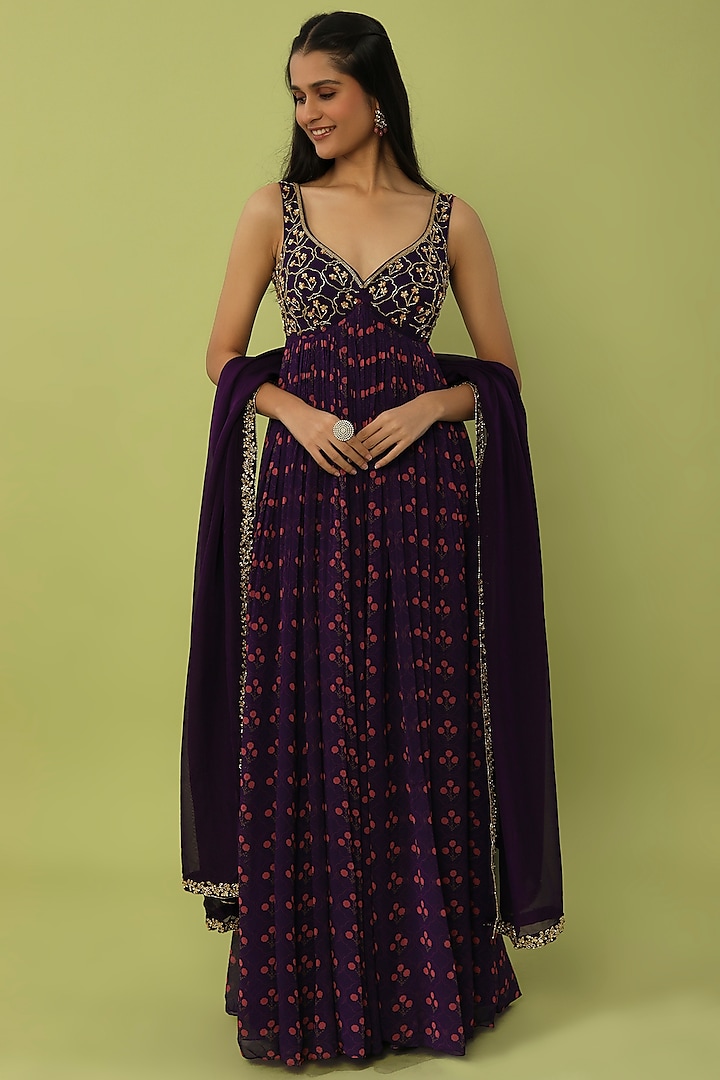 Purple Embroidered Anarkali Set by Ease