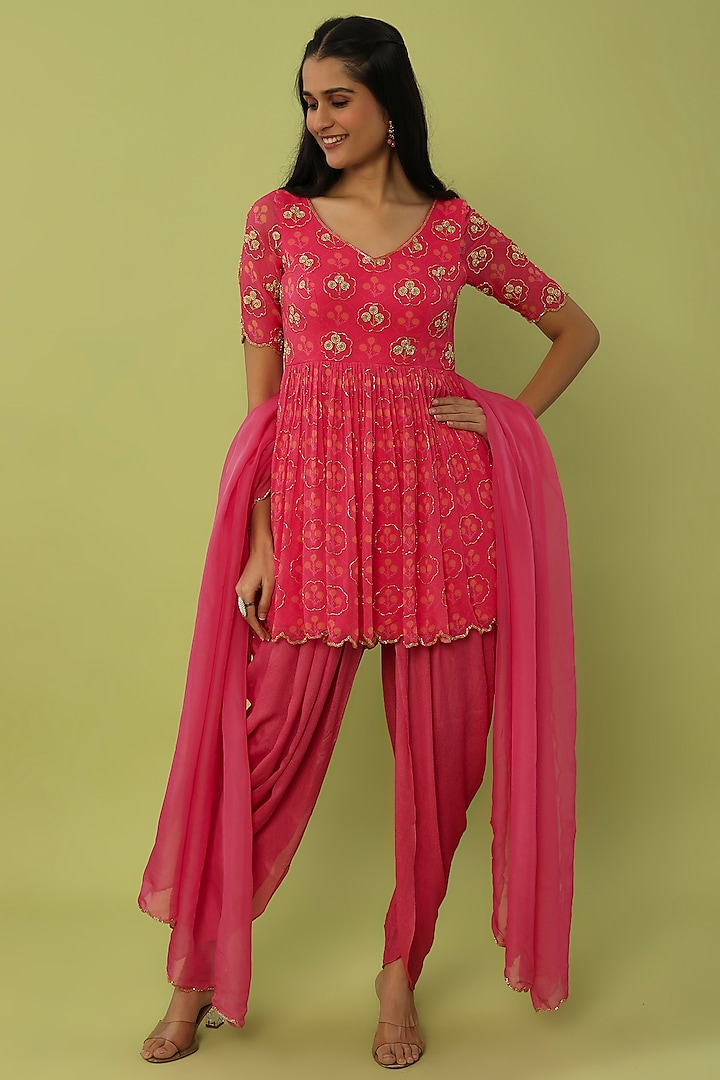 Pink Crepe Dhoti Set by Ease