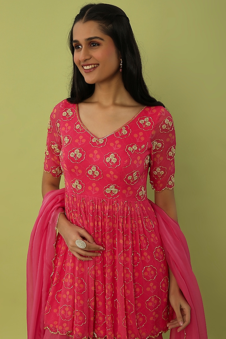 Crepe Shell Yellow Pink Kurta Dhoti Set