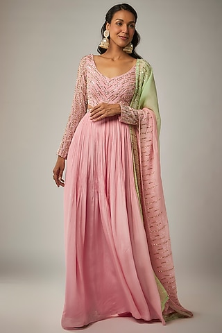Bubble Pink Pure Crepe Abstract Embroidered Anarkali Set by Ease