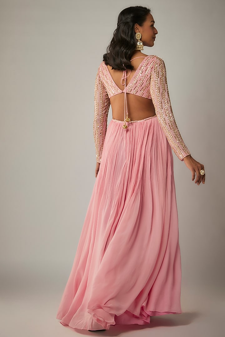 Bubble Pink Pure Crepe Abstract Embroidered Wedding Anarkali Set by Ease at Pernia's Pop Up Shop
