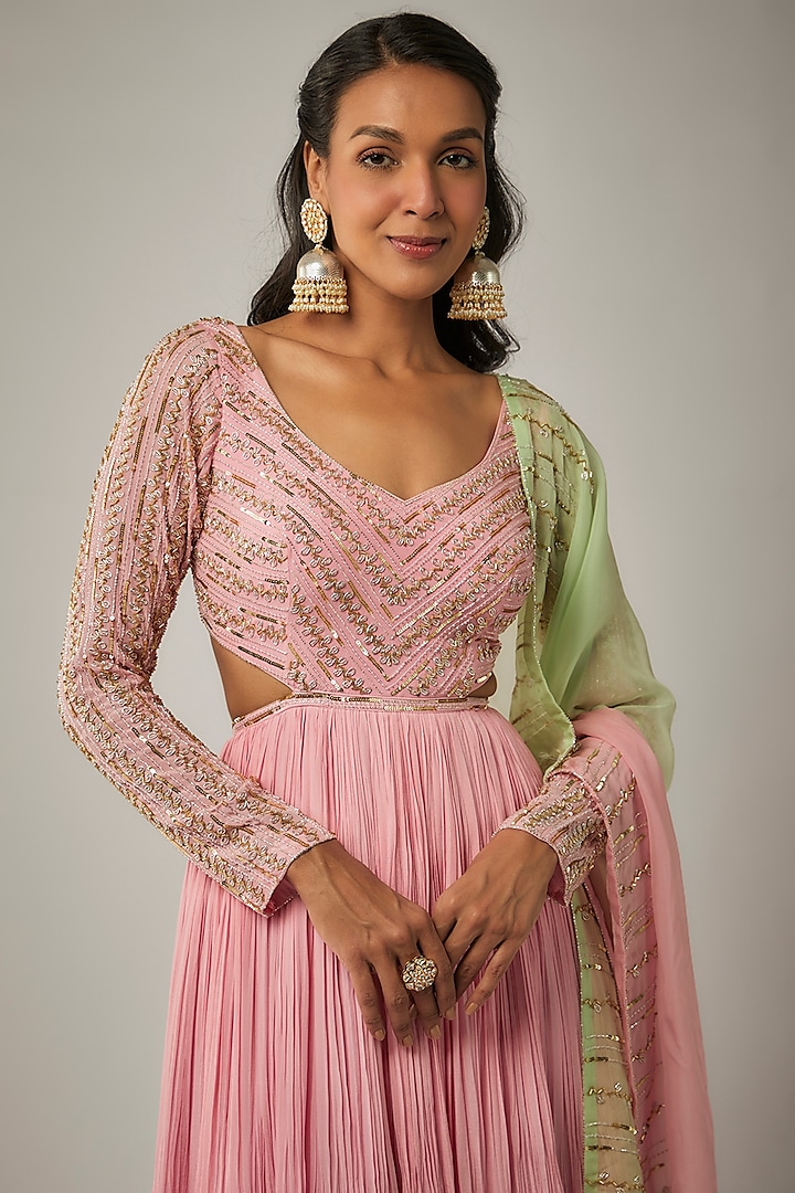 Bubble Pink Pure Crepe Abstract Embroidered Wedding Anarkali Set by Ease at Pernia's Pop Up Shop