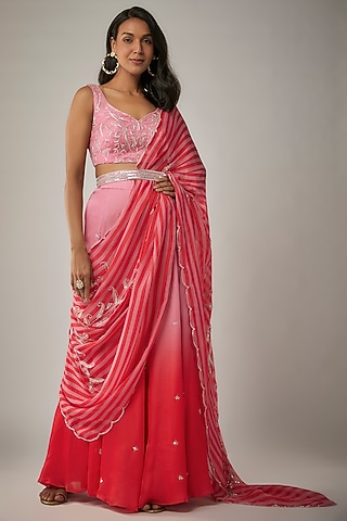 Pink & Red Satin Organza Ombre Palazzo Saree Set by Ease