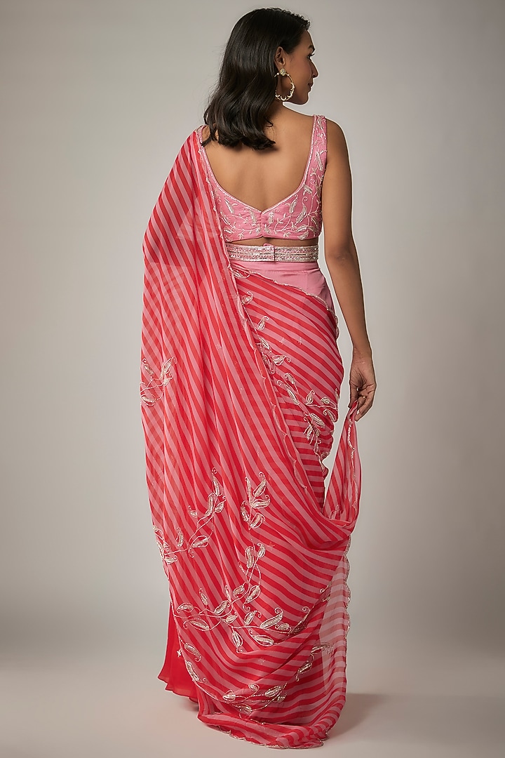 Pink & Red Satin Organza Ombre Palazzo Wedding Saree Set by Ease at Pernia's Pop Up Shop