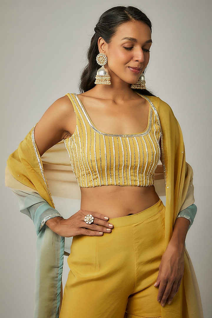 Yellow Viscose Organza Gharara Set by Ease at Pernia's Pop Up Shop