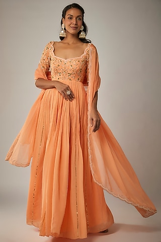 Peach Pure Crepe Jaal Embroidered Anarkali Set by Ease