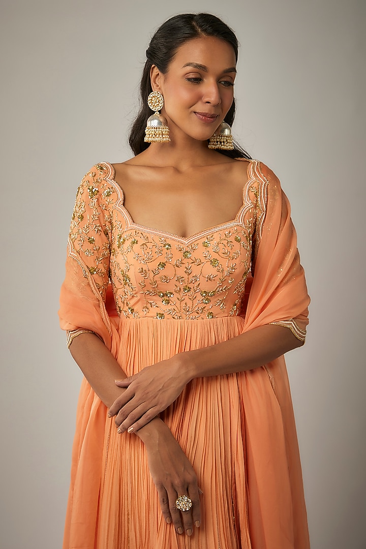Peach Pure Crepe Jaal Embroidered Wedding Anarkali Set by Ease at Pernia's Pop Up Shop