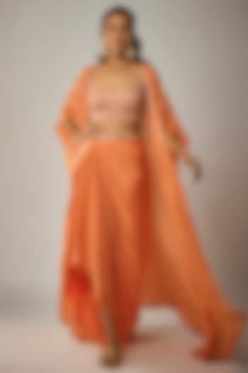 Orange Pure Crepe Embroidered Cowl Skirt Set by Ease