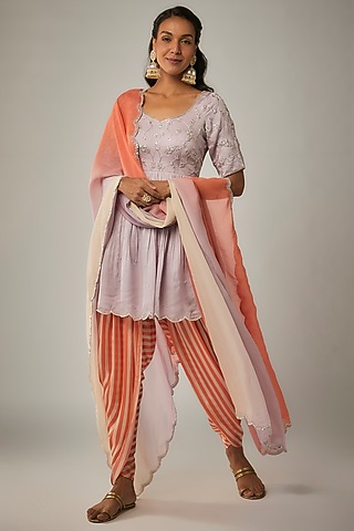 Lavender Satin Organza Floral Jaal Embroidered Peplum Kurta Set by Ease